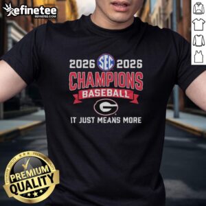 Official Georgia Bulldogs Baseball SEC Champions T-Shirt featuring 'It Just Means More' slogan in vibrant team colors.