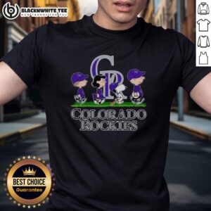Alt Text: Cute Snoopy, Charlie Brown, Linus, and Lucy in Colorado Rockies baseball jerseys, showcasing team spirit and friendship.