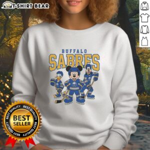 Buffalo Sabres Disney-themed ice hockey sweatshirt featuring vibrant colors and team logo, perfect for fans.