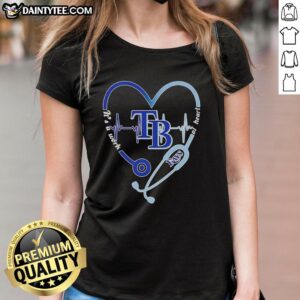 Awesome Tampa Bay Rays stethoscope heartbeat design on a ladies tee, perfect for baseball fans and healthcare workers.