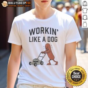 Awesome Workin' Like A Dog hotdog work humor t-shirt design featuring a playful dog with a hotdog graphic.