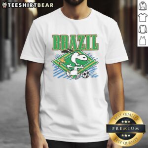 Nice Peanuts Snoopy X Brazil Soccer T-Shirt featuring Snoopy in a Brazil jersey, perfect for soccer fans and Peanuts lovers.