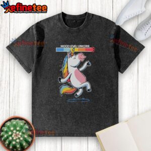 Alt Text: Happy vibes unicorn dancing mood level graphic on a washed t-shirt, perfect for casual outfits and unicorn lovers.