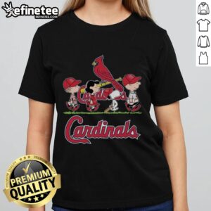 Good Snoopy, Charlie Brown, Linus, and Lucy in St. Louis Cardinals baseball jerseys on a ladies tee.