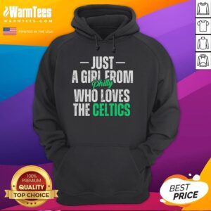 Girl from Philly wearing a Boston Celtics hoodie, showcasing her love for basketball and team spirit.