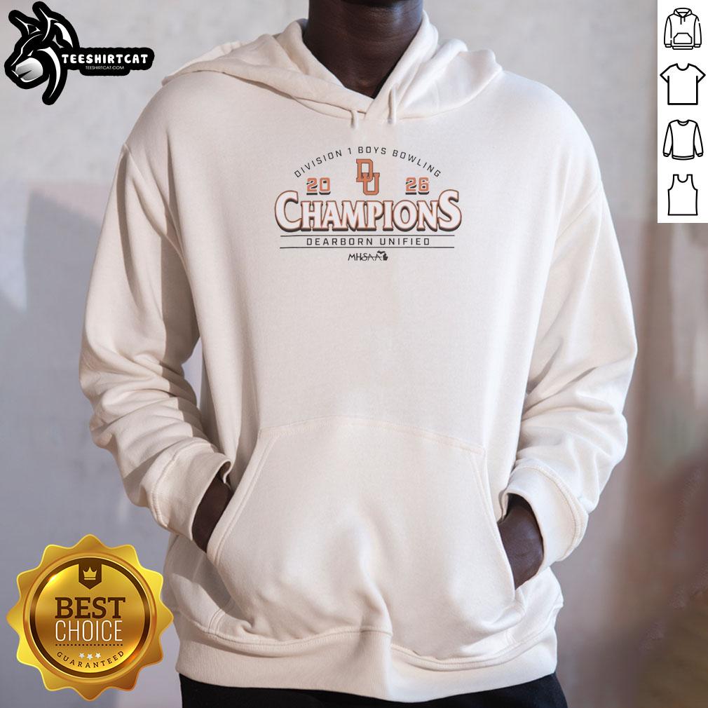 hot-2026-mhsaa-boys-bowling-d1-champions-dearborn-unified-hoodie Alt Text: Dearborn Unified hoodie celebrating the 2026 MHSAA Boys Bowling D1 Champions, showcasing team pride and victory.