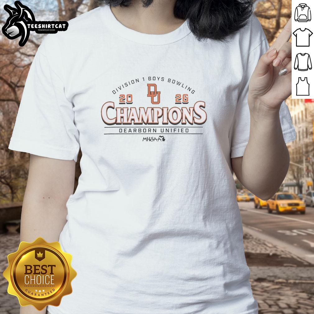 hot-2026-mhsaa-boys-bowling-d1-champions-dearborn-unified-ladies-tee Alt Text: 2026 MHSAA Boys Bowling D1 Champions Dearborn Unified team celebrating with trophy in their ladies tee uniforms.