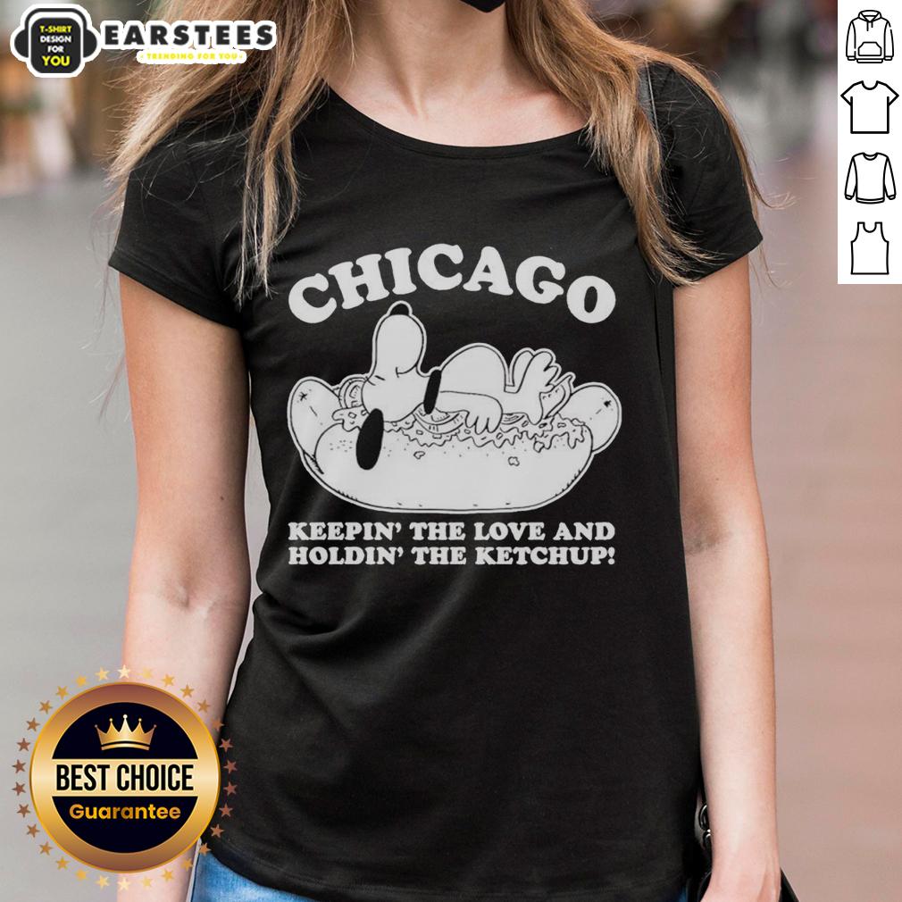 hot-chicago-snoopy-keepin-the-love-and-holdin-the-ketchup-ladies-tee Hot Chicago Snoopy tee featuring a playful design of Snoopy holding ketchup, perfect for ladies who love fun fashion.
