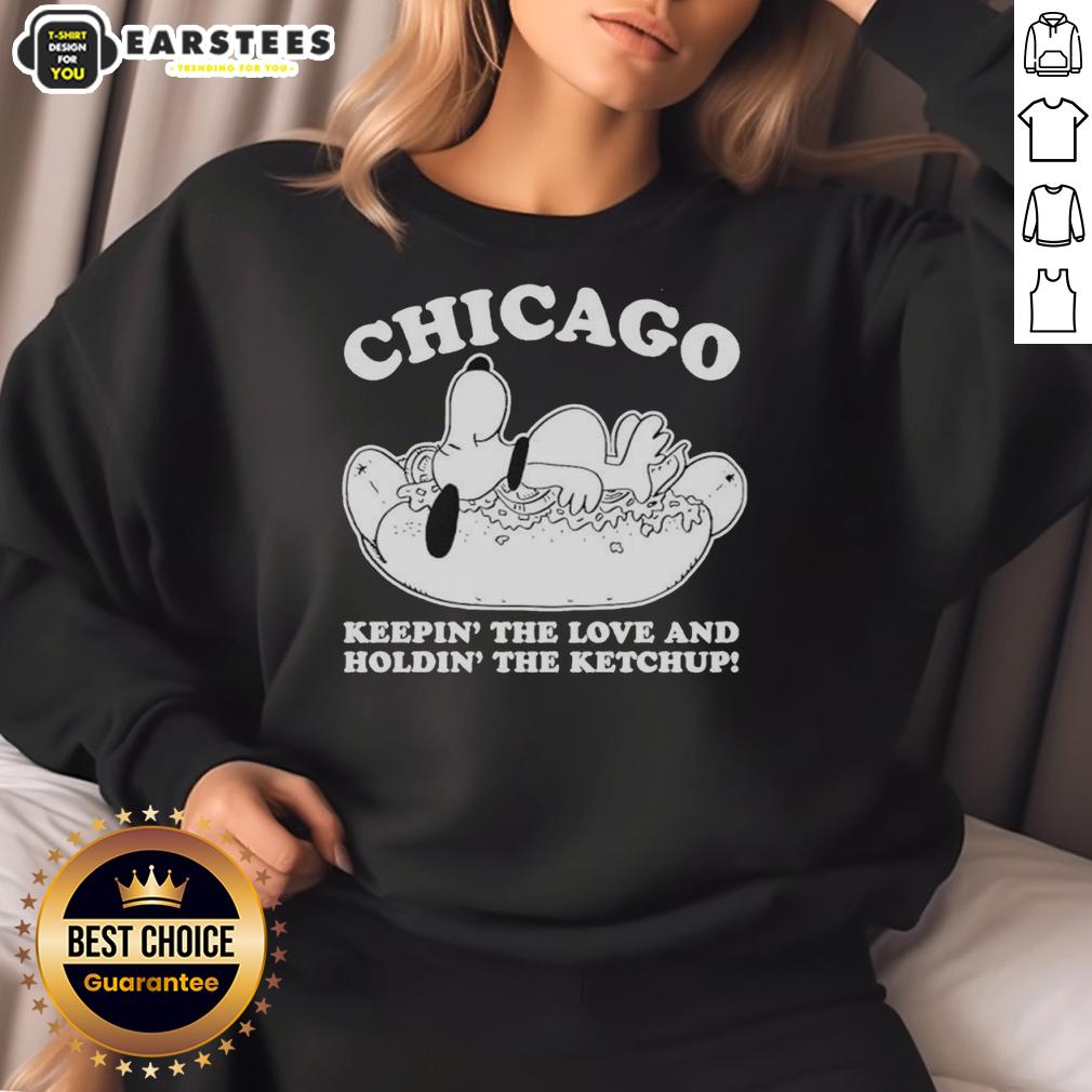 hot-chicago-snoopy-keepin-the-love-and-holdin-the-ketchup-sweatshirt Hot Chicago Snoopy sweatshirt featuring playful design of Snoopy holding ketchup, perfect for casual wear and fan apparel.