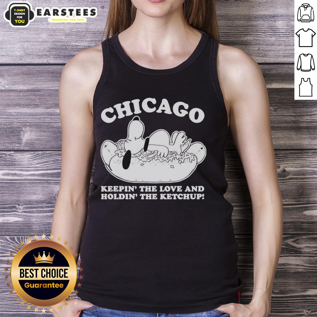 hot-chicago-snoopy-keepin-the-love-and-holdin-the-ketchup-tank-top Hot Chicago Snoopy tank top featuring a fun design of Snoopy holding ketchup, perfect for summer style.