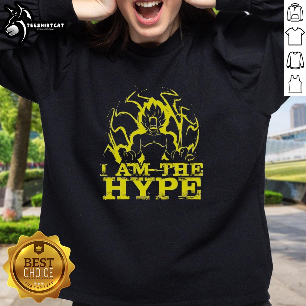 hot-goku-dragon-ball-z-i-am-the-hype-super-saiyan-graphic-with-powerful-aura-sweatshirt Alt Text: Hot Goku Dragon Ball Z sweatshirt featuring Super Saiyan graphic with powerful aura, perfect for anime fans.