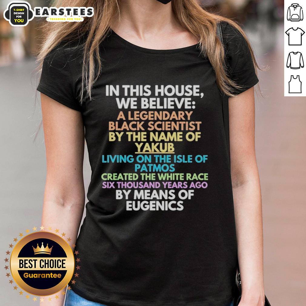 hot-in-this-house-we-believe-black-scientist-yakub-created-white-race-eugenics-ladies-tee Hot In This House tee featuring Black Scientist Yakub and eugenics theme, perfect for bold fashion statements.