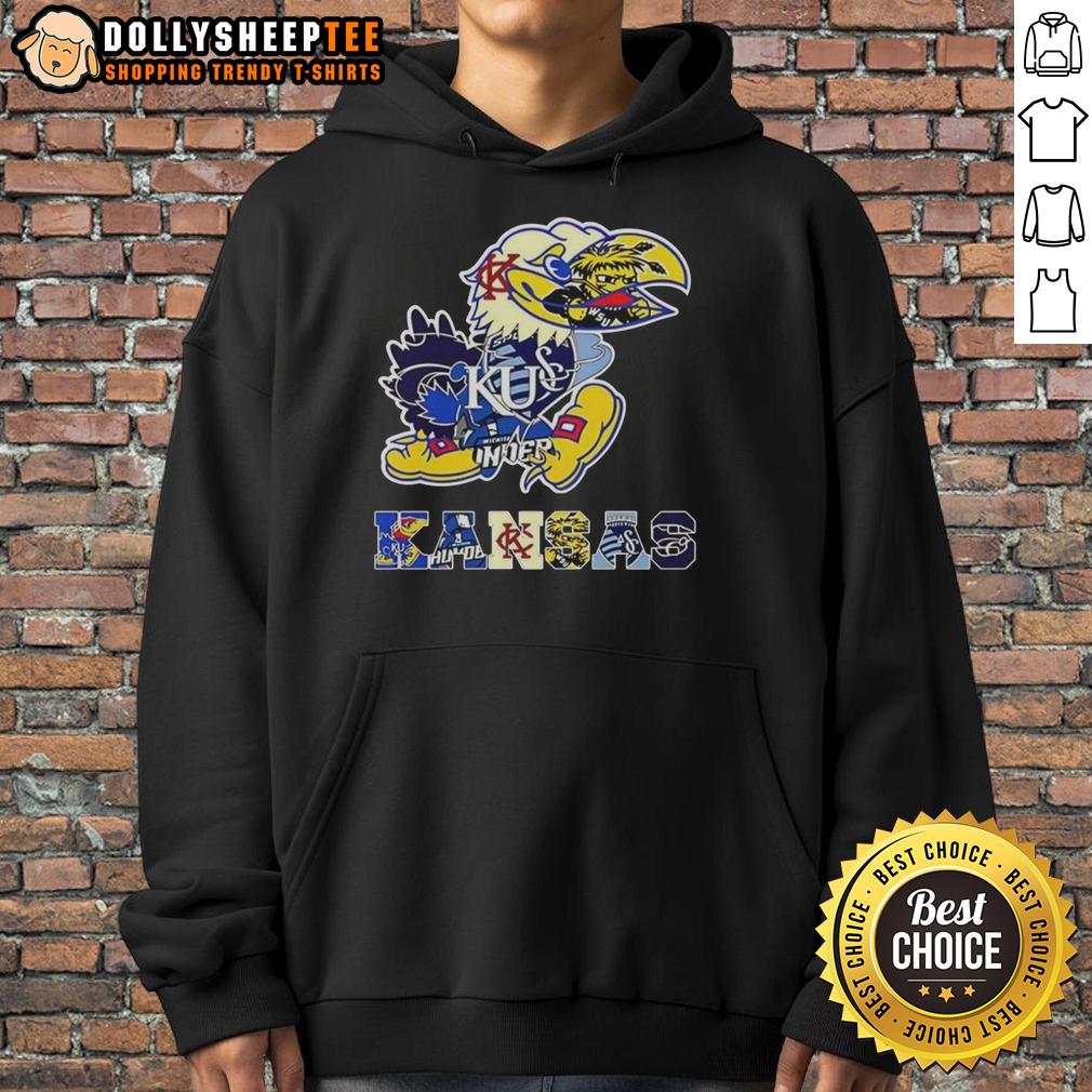 Hot Kansas Sport Teams The Logo Incorporates Schools In The State Hoodie Hot Kansas sport teams hoodie featuring logos of schools in the state, perfect for fans and sports enthusiasts.