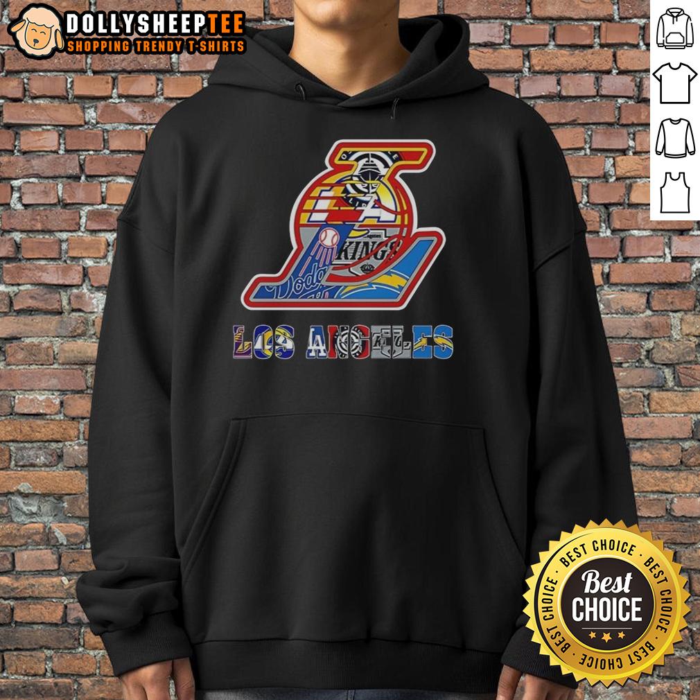 Hot Los Angeles Lakers Nba And Los Angeles Sport Teams Collage Logo Hoodie Alt Text: Collage logo hoodie featuring Los Angeles Lakers and other LA sports teams, perfect for NBA fans.
