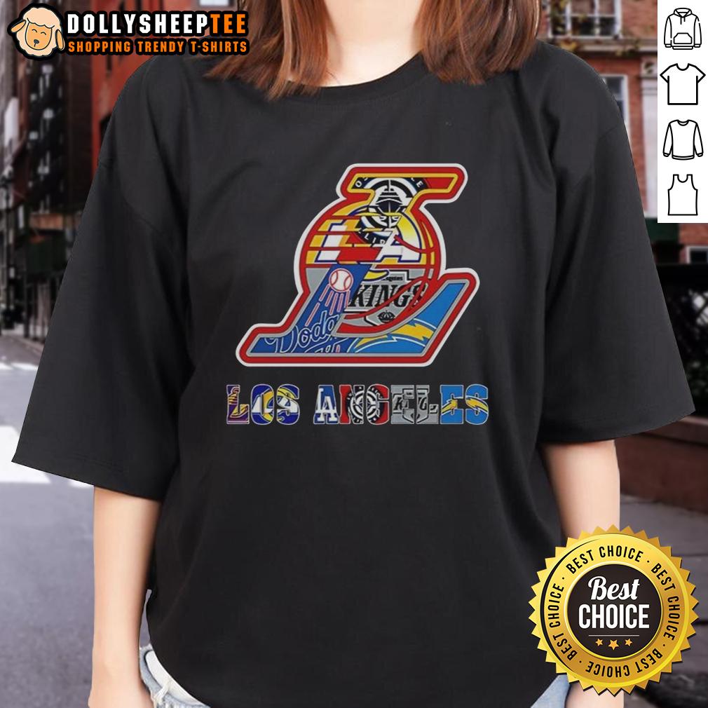 Hot Los Angeles Lakers Nba And Los Angeles Sport Teams Collage Logo Ladies Tee Hot Los Angeles Lakers NBA ladies tee featuring a stylish collage of Los Angeles sports team logos.