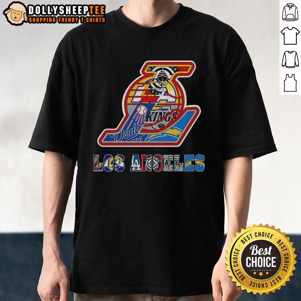 Hot Los Angeles Lakers Nba And Los Angeles Sport Teams Collage Logo T Shirt Collage logo T-shirt featuring the Los Angeles Lakers and other Los Angeles sports teams, showcasing team spirit.