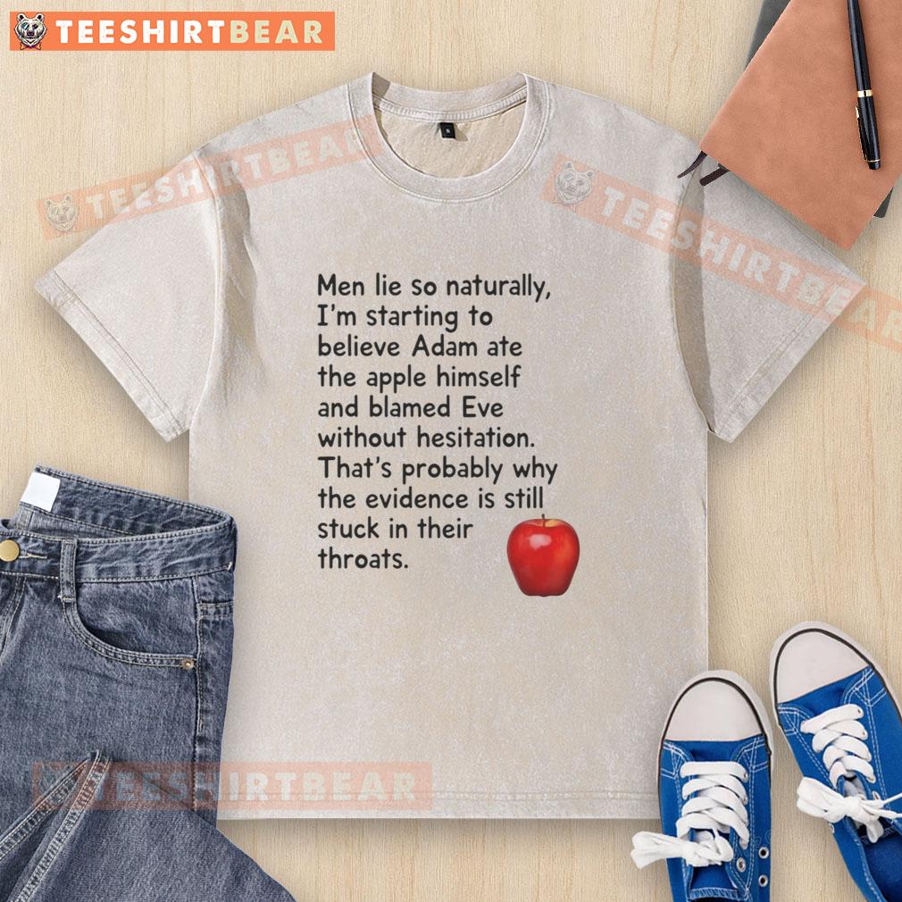 hot-men-lie-adam-blamed-eve-adams-apple-washed-t-shirt Hot Men Lie: Adam Blamed Eve T-shirt featuring Adam's apple design, perfect for casual wear and biblical humor enthusiasts.