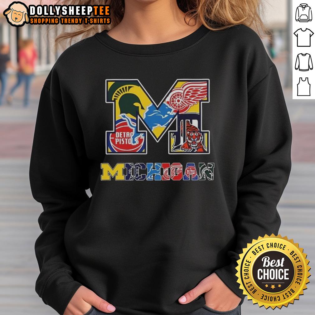 Hot Michigan Wolverines Ncaa And Michigan Sport Teams Collage Logo Sweatshirt Hot Michigan Wolverines NCAA collage sweatshirt featuring logos of Michigan sports teams in vibrant colors.