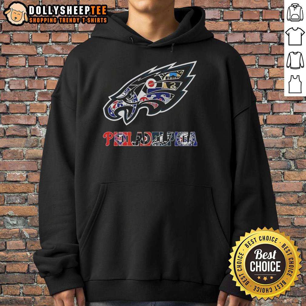 Hot Philadelphia Eagles Nfl And Philadelphia Sport Teams Collage Logo Hoodie Collage of Philadelphia Eagles NFL logo and other Philadelphia sports teams on a stylish hoodie design.