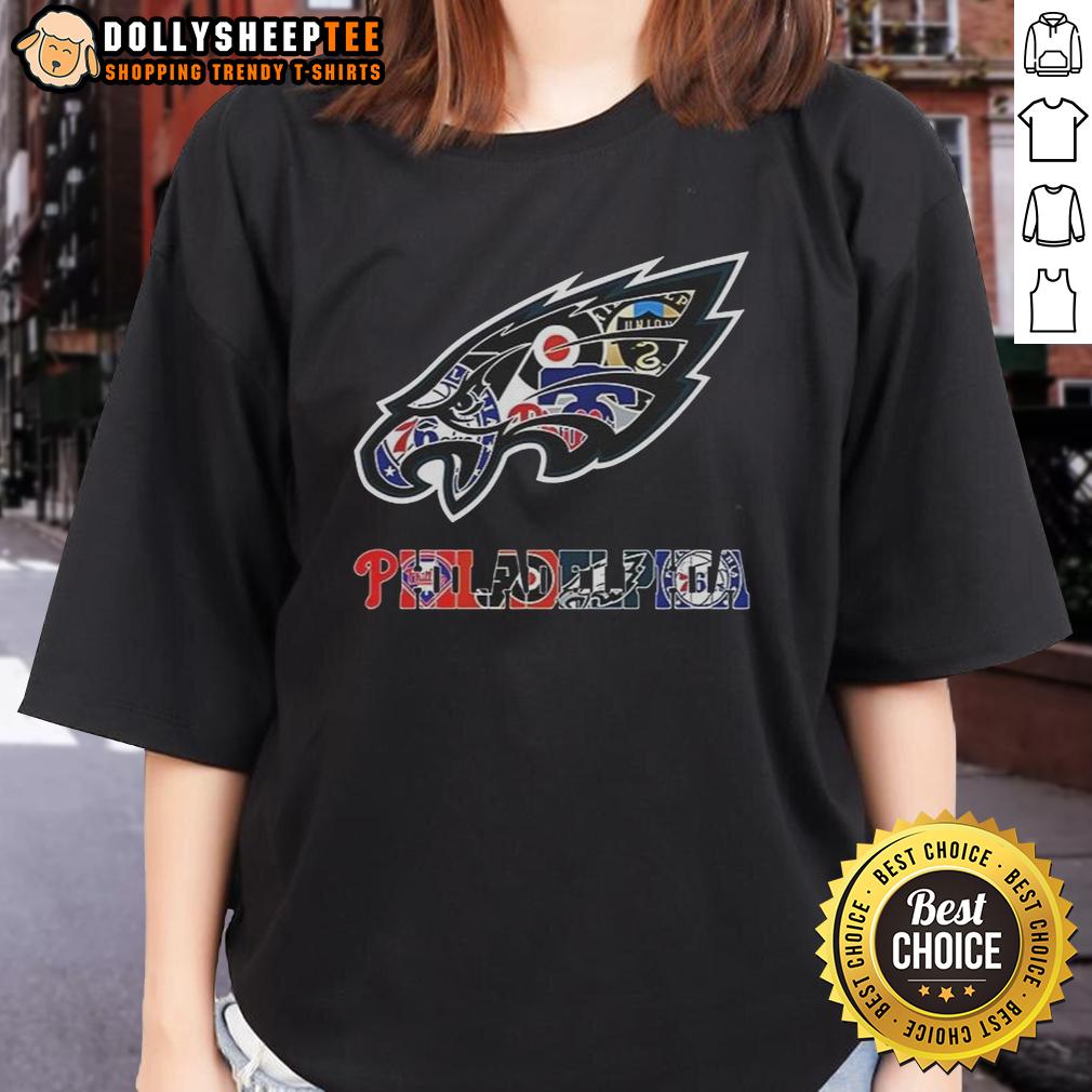 Hot Philadelphia Eagles NFL And Philadelphia Sport Teams Collage Logo Ladies-Tee Alt Text: Stylish ladies tee featuring a collage of Philadelphia Eagles NFL logo and other Philadelphia sports teams.