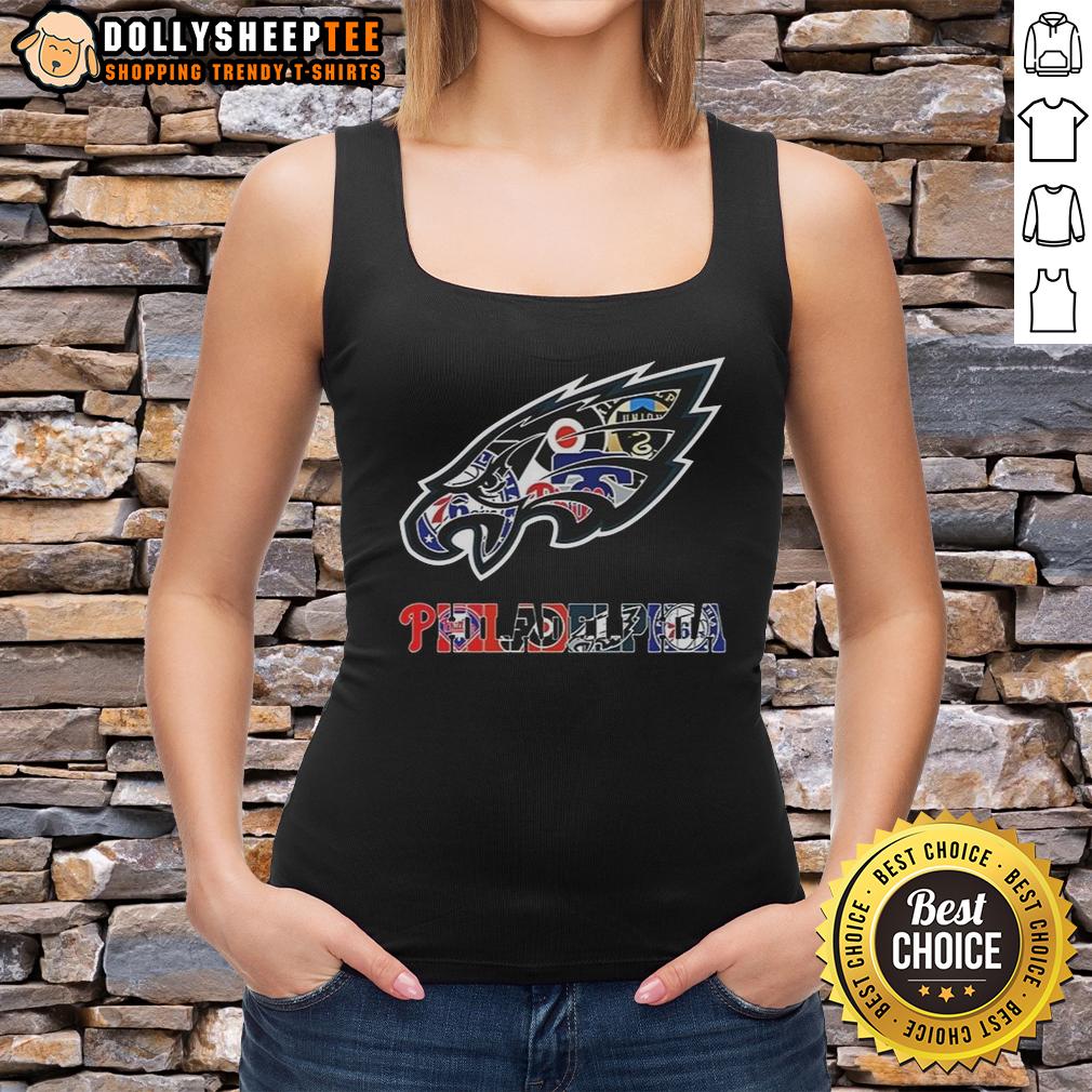 Hot Philadelphia Eagles Nfl And Philadelphia Sport Teams Collage Logo Tank Top Hot Philadelphia Eagles NFL tank top featuring a collage of Philadelphia sports team logos for fans.