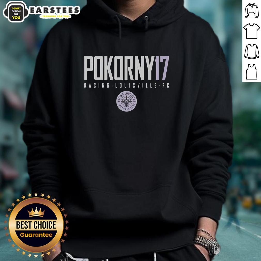 hot-pokorny17-racing-louisville-fc-hoodie Hot Pokorny 17 Racing Louisville FC Hoodie featuring team colors and logo, perfect for fans and supporters.