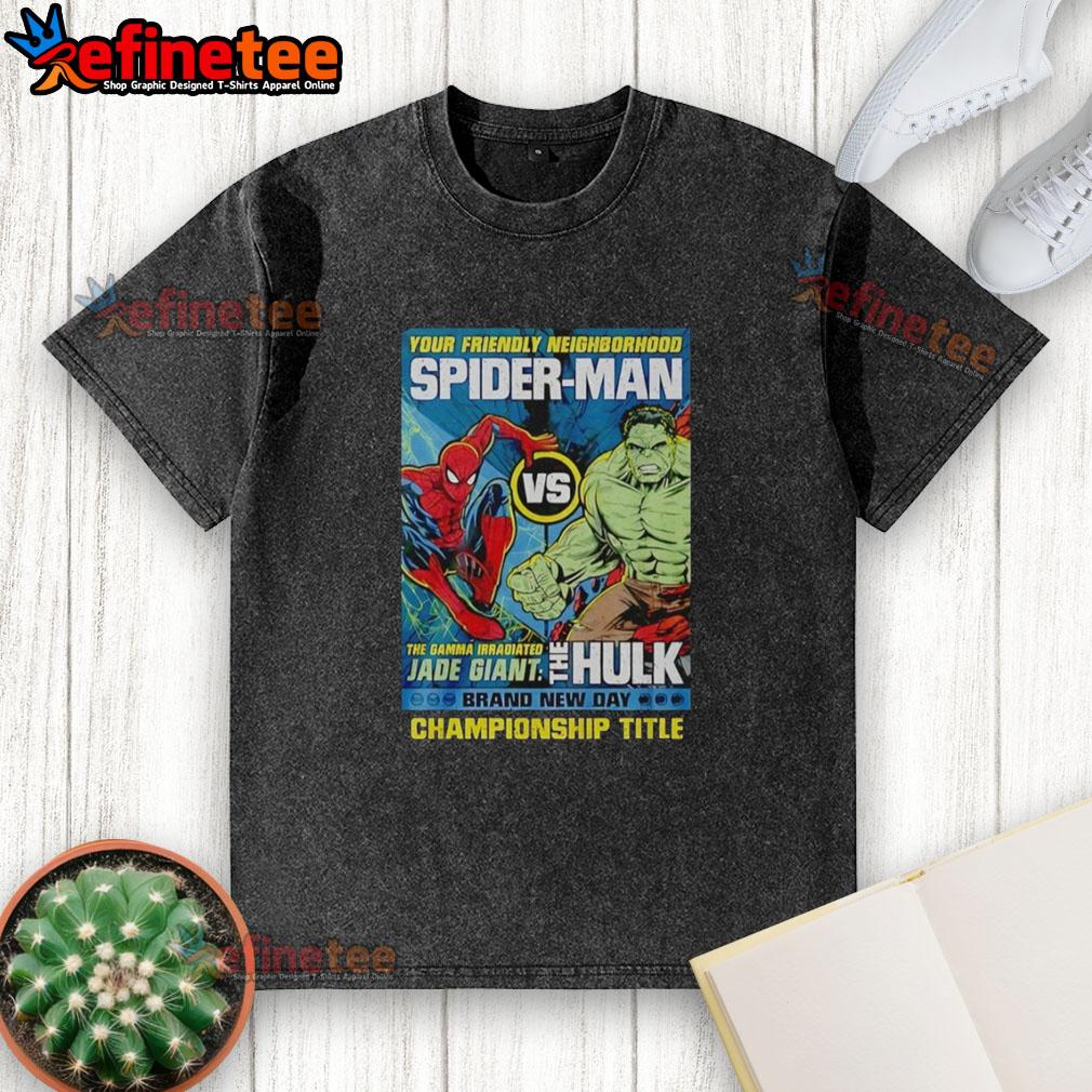 hot-spider-man-and-the-hulk-your-friendly-neighborhood-championship-title-washed-t-shirt Hot Spider-Man and The Hulk championship title washed t-shirt featuring vibrant graphics for superhero fans.