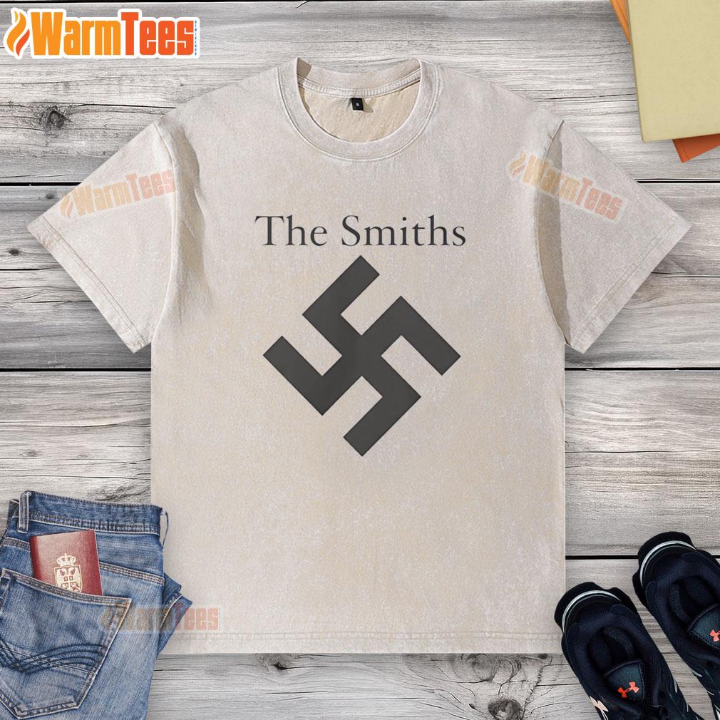 hot-the-smiths-swastika-logo-washed-t-shirt Alt Text: Hot The Smiths Swastika Logo Washed T-Shirt featuring a vintage design and soft fabric, perfect for fans of the band.