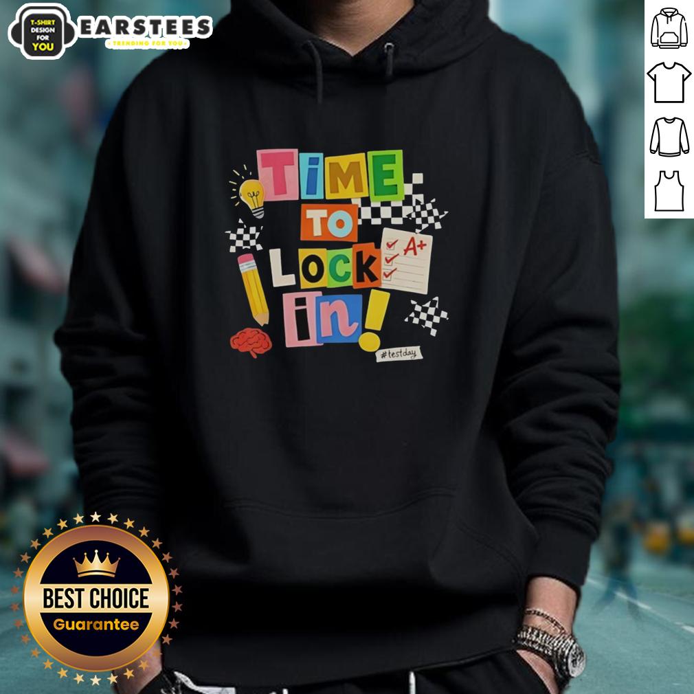 hot-time-to-lock-in-dont-stress-teachers-test-day-hoodie Teacher wearing 'Don't Stress Test Day' hoodie, promoting a positive vibe for test day preparation and support.