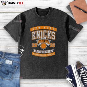 Vintage washed t-shirt featuring the New York Knicks logo for the 2026 Eastern Conference Finals, perfect for fans.