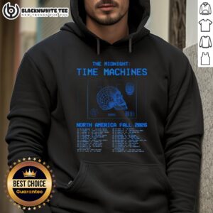 Top The Midnight Time Machines North America Fall 2026 Shows Poster on a hoodie, featuring vibrant colors and band logo.