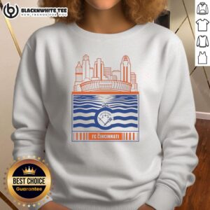 Retro sweatshirt featuring FC Cincinnati logo with city skyline and river view of the stadium.