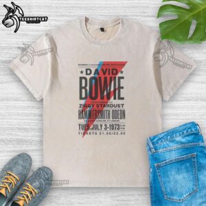 David Bowie performing as Ziggy Stardust at Hammersmith Odeon, London, featured on a washed T-shirt design.