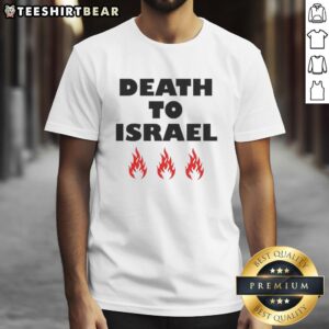 Good Death To Israel Fire Icon T-Shirt featuring bold graphics and vibrant colors for impactful statement wear.