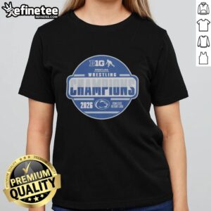 Official Penn State Nittany Lions 2026 Big Ten Wrestling Champions ladies tee displayed in a vibrant locker room setting.
