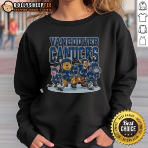 Alt Text: Vancouver Canucks Winnie the Pooh ice hockey sweatshirt featuring a playful design and team colors.