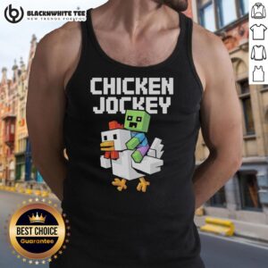 Funny pixel art chicken jockey design on a tank top, perfect gift for gaming lovers and friends.