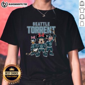 Awesome Seattle Torrent cartoon team ice hockey ladies tee featuring vibrant graphics and sporty design.