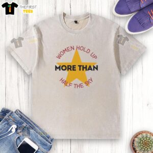 Pretty women wearing washed t-shirts hold up more than half the sky, showcasing empowerment and style.