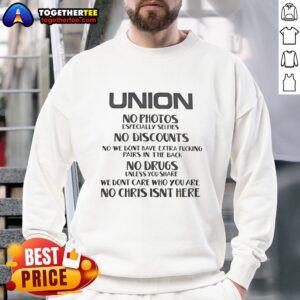 Original Union No Photos Sweatshirt featuring bold text on a cozy fabric, perfect for casual wear and unique style.