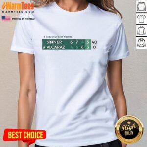 Alt Text: Official Sinner Alcaraz 3 Championship Points scoreboard showing match scores on Ladies Tee during the tennis tournament.