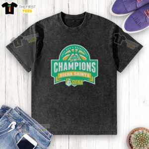 Alt Text: Top Siena Saints MAAC Men's Basketball Champions 2026 logo on a washed t-shirt, celebrating the team's victory.