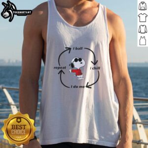Alt Text: Pretty Joe Cool Snoopy tank top featuring 'I Ball, I Chill, I Do Me, Repeat' design for casual summer style.