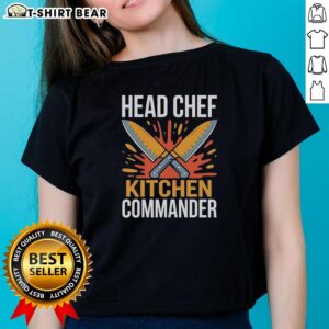 Alt Text: Good Double Knights Head Chef Kitchen Commander graphic on a ladies tee, perfect for culinary enthusiasts.