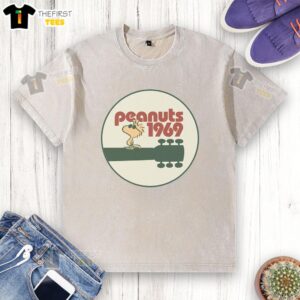 Vintage 1969 Woodstock Hot Peanuts graphic on guitar neck washed t-shirt, perfect for music festival enthusiasts.