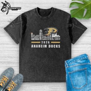 Alt Text: 2026 Anaheim Ducks NHL Playoffs T-shirt featuring city skyline design and player names in vibrant colors.