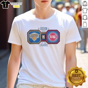 Awesome New York Knicks Vs Detroit Pistons 2026 Eastern Conference Finals NBA Playoffs T-Shirt featuring vibrant team graphics.