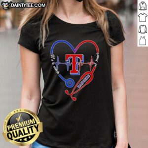 Awesome Texas Rangers stethoscope heartbeat ladies tee, blending team spirit with heart health in a stylish design.