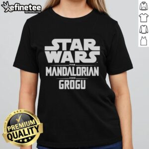 Hot Star Wars The Mandalorian and Grogu Letter Ladies Tee featuring vibrant graphics of Mandalorian and Grogu.