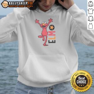 Alt Text: Cozy Top Sesame Street Elmo cartoon text hoodie featuring vibrant Elmo graphics, perfect for fans of the beloved character.